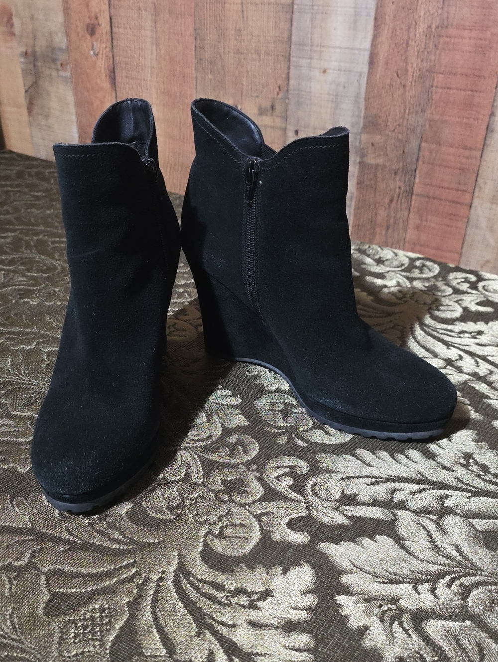 Vaneli Black Suede Wedge Ankle Booties